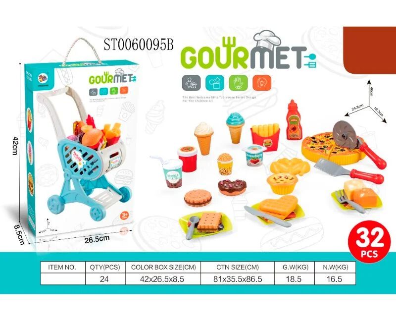 Gourmet 32-Piece Pretend Play Toy Cart & Kitchen Playset