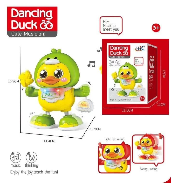 Dancing duck toy with lights and music, colorful cartoon duck with moving arms and glowing effects, kids musical toy in packaging box.