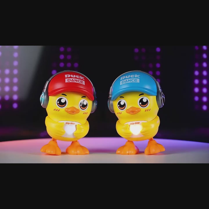 Electric dancing duck toy with headphones, colorful musical duck with LED lights and walking movement, kids interactive toy in packaging box.