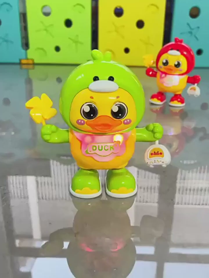 Dancing duck toy with lights and music, colorful cartoon duck with moving arms and glowing effects, kids musical toy in packaging box.